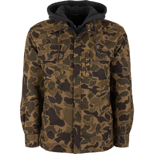 The Campfire Flannel Hoodie in Old School Sport features a brown and black camouflage pattern, long sleeves, and a gray hooded liner with a drawstring.
