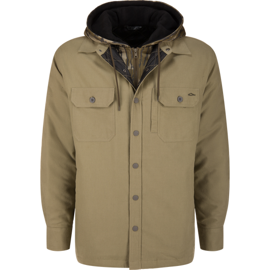 Gadwall Brown The Campfire Flannel Hoodie with two chest pockets and a quilted, camouflage-patterned inner lining.