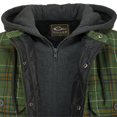 Alt text: The Campfire Flannel Hoodie with a plaid pattern, button snap closure, adjustable hood, and multiple pockets, designed for warmth and versatility.