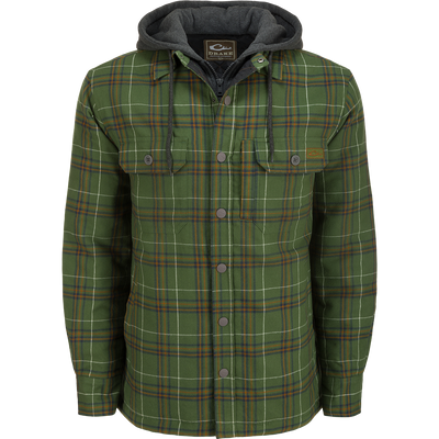 Drake Campfire Flannel Hoodie with adjustable hood, button snap closure, and quilted insulation for warmth and comfort.