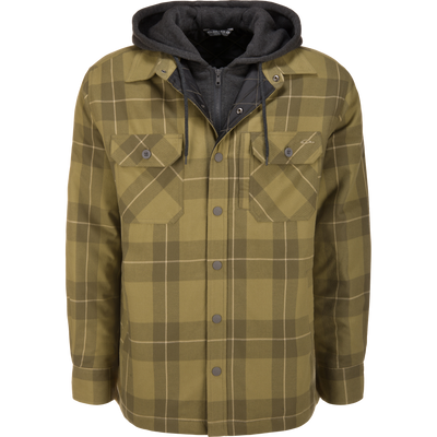 Lifestyle The Campfire Flannel Hoodie in olive night plaid with a dark gray hooded inner layer.
