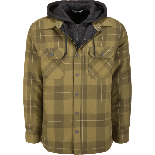 Lifestyle The Campfire Flannel Hoodie in olive night plaid with a dark gray hooded inner layer.