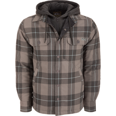 The Campfire Flannel Hoodie features a plaid design, quilted lining, adjustable hood, and multiple pockets, ideal for warmth and style in outdoor settings.