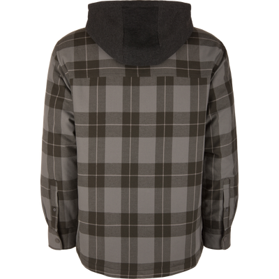 Back view of the gray and black Campfire Flannel Hoodie with button cuffs.