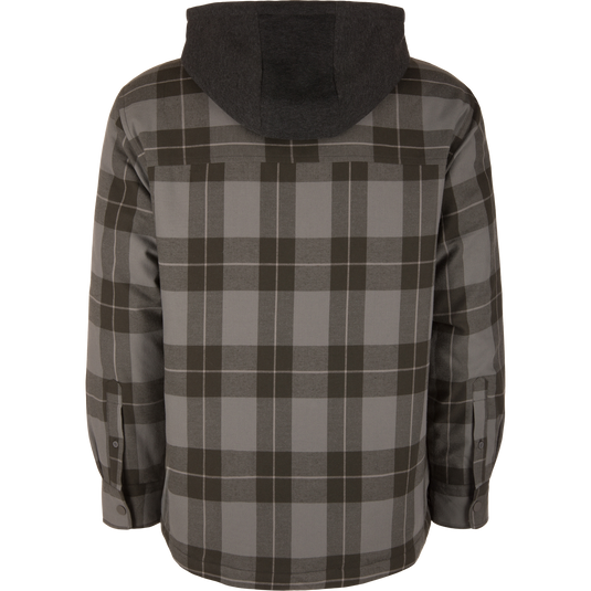 Back view of the gray and black Campfire Flannel Hoodie with button cuffs.