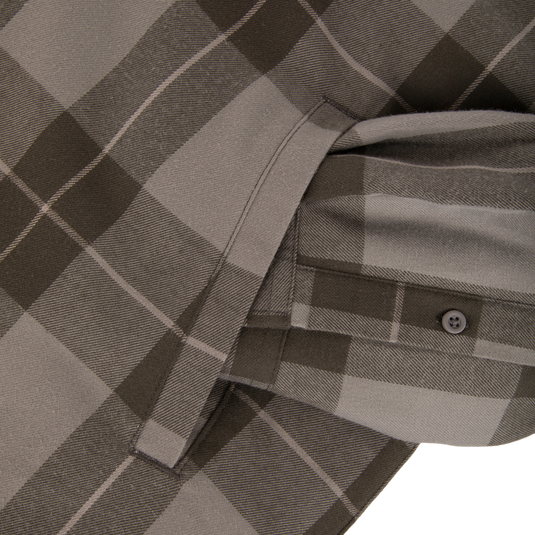 Close-up of a grey and dark brown plaid The Campfire Flannel Hoodie by Lifestyle featuring a buttoned cuff.