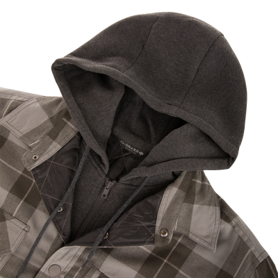 The Campfire Flannel Hoodie in grey and black plaid, featuring a solid charcoal grey jersey-knit hood and an insulated quilted lining.