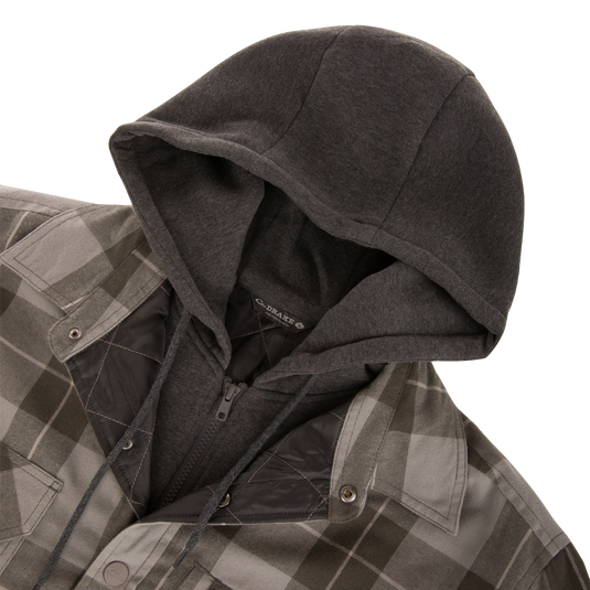 The Campfire Flannel Hoodie in grey and black plaid, featuring a solid charcoal grey jersey-knit hood and an insulated quilted lining.