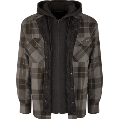 Lifestyle Campfire Flannel Hoodie in gray and black plaid with a quilted interior lining and an attached charcoal gray zippered hood.