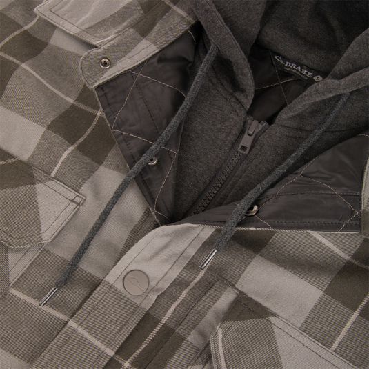 The Campfire Flannel Hoodie in gray and olive plaid featuring a quilted interior and an attached charcoal sweatshirt layer.