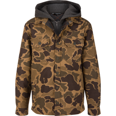 Youth Campfire Flannel Hoodie with an olive camo field jacket over a gray hoodie, featuring a hood, chest and side pockets, and snap closure.