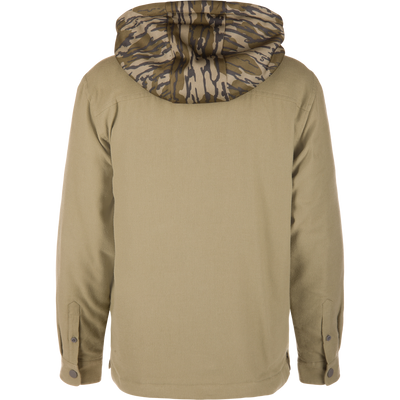 The Youth Campfire Flannel Hoodie displayed from the back on a mannequin, featuring button-tab cuffs and a camo-hood, ideal for cool-weather outdoor adventures.