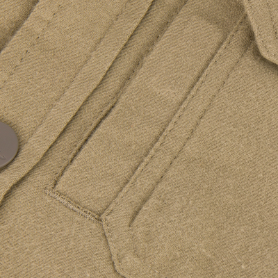 Close-up of The Youth Campfire Flannel Hoodie, showcasing stitched pleats, top-stitching, and a button, emphasizing its durable, stylish design for outdoor adventures.