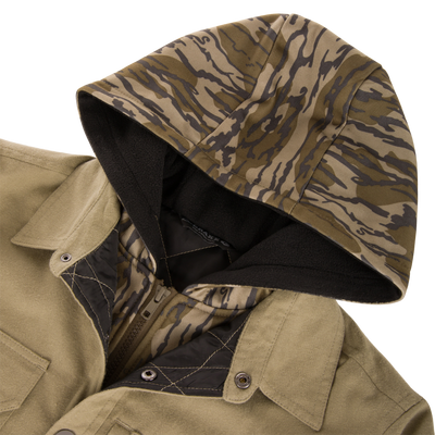 Close-up of The Youth Campfire Flannel Hoodie with a tiger-stripe camo hood, metal snap-fasteners, and button front closure, ideal for outdoor adventures.