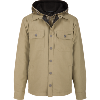 The Youth Campfire Flannel Hoodie, chore-style jacket with camo-patterned hood, snap front, flap chest pockets, designed for cool-weather comfort and durability.