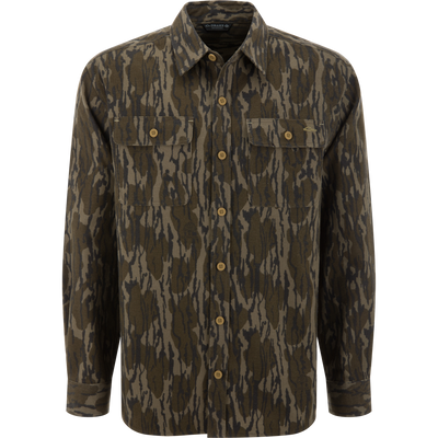 Legacy Flannel Plaid Shirt in tiger-stripe camo pattern features a button-up front, point collar, and dual chest pockets, perfect for casual or layering wear.