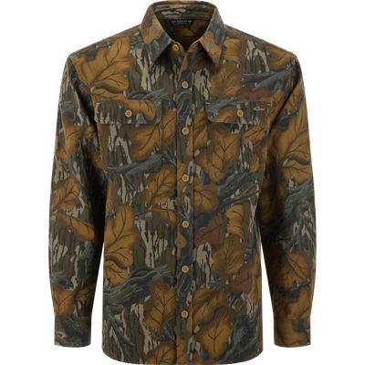 The Legacy Flannel Plaid Shirt features a woodland-style print, point collar, and dual chest pockets, perfect as a warm layering piece for outdoor adventures.