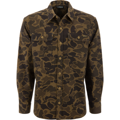 Legacy Flannel Plaid Shirt in camouflage pattern with button-front, pointed collar, and dual flap pockets; crafted for versatile layering in sturdy cotton/polyester twill.