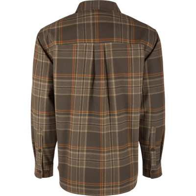 Legacy Flannel Plaid Shirt displayed on a mannequin, showcasing its earthy plaid design, button cuffs, and sculpted hem, ideal for layering in cold weather.