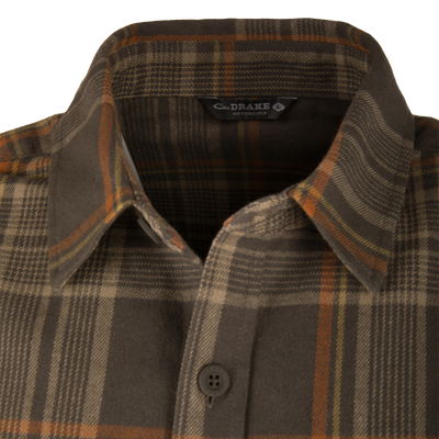 Legacy Flannel Plaid Shirt close-up showing collar with “Drake” label and top button, highlighting its soft, durable flannel fabric ideal for layering in colder weather.