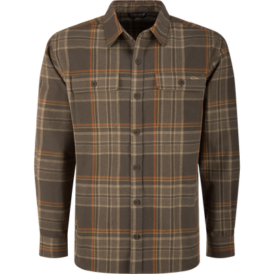 Legacy Flannel Plaid Shirt with button-front, two chest pockets, and sculpted hem, ideal for layering on cold autumn days.