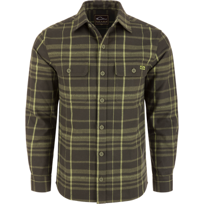 Legacy Flannel Plaid Shirt in olive tones on mannequin, featuring button-up design, point collar, and two front chest flap pockets, embodying Drake's heritage craftsmanship.