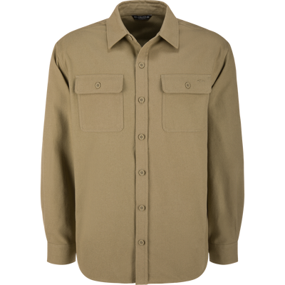 Legacy Flannel Plaid Shirt: A khaki, heavyweight, button-up overshirt with two chest pockets and rugged detailing, ideal for layering in cool, outdoor settings.