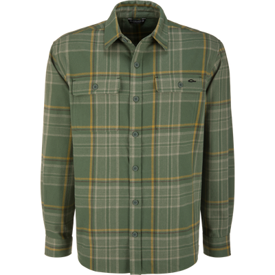 Legacy Flannel Plaid Shirt on mannequin, featuring button-front, classic collar, two chest pockets, and button cuffs. Ideal for layering on chilly autumn days.