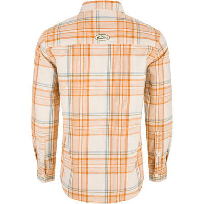 Legacy Flannel Plaid Shirt displaying back view with orange check pattern, embroidered logo on yoke; ideal for layering in crisp Autumn weather.