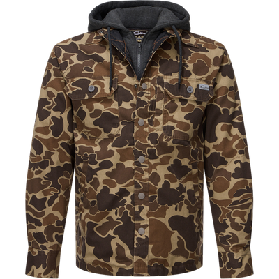 Drake Campfire Canvas Shirt Jac Hoodie, camo-print overshirt with button-front, chest flap pockets, side pockets, and charcoal-grey hood with drawcords for warmth and style.
