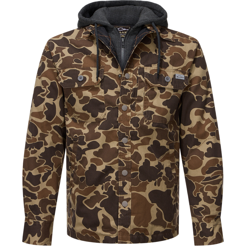 Drake Campfire Canvas Shirt Jac Hoodie, camo-print overshirt with button-front, chest flap pockets, side pockets, and charcoal-grey hood with drawcords for warmth and style.