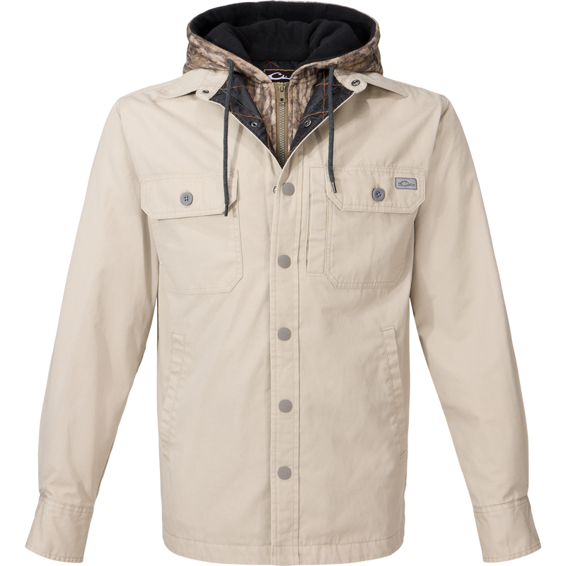 Drake Campfire Canvas Shirt Jac Hoodie with snap-and-zip front, camo-patterned hood, button-flap chest pockets, and side hand-warmer pockets, offers a versatile, utilitarian style.