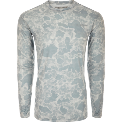 Long Sleeve Performance Crew Print showcasing lightweight, breathable fabric with UPF 50, moisture-wicking, and quick-drying features, ideal for versatile outdoor activities.