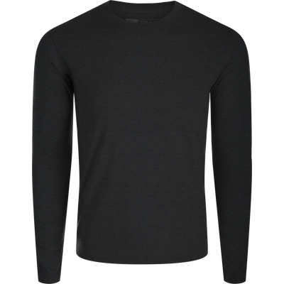 Hunter Creek Bamboo Long Sleeve Crew, a plain dark shirt with crew-neck and long sleeves, designed for comfort and year-round use with breathable, quick-drying fabric.