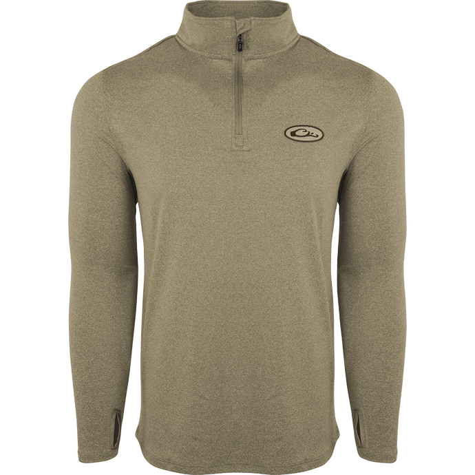 A close-up of the Microlite Performance 1/4 Zip Heather shirt with logo, zipper, and raglan sleeves. Lightweight, moisture-wicking fabric with UPF sun protection and odor resistance.