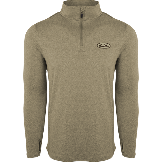 A close-up of the Microlite Performance 1/4 Zip Heather shirt with logo, zipper, and raglan sleeves. Lightweight, moisture-wicking fabric with UPF sun protection and odor resistance.