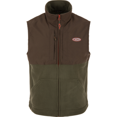 Eqwader Vest showcasing a close-up of its design, featuring waterproof shoulders, breathable fleece lower torso, and convenient chest pockets for secure storage.
