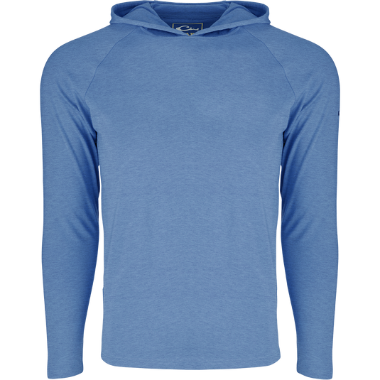 Marina Blue Heather Hunter Creek Bamboo L/S Hoodie, a soft, lightweight long-sleeve shirt with built-in hood for sun protection and comfort.