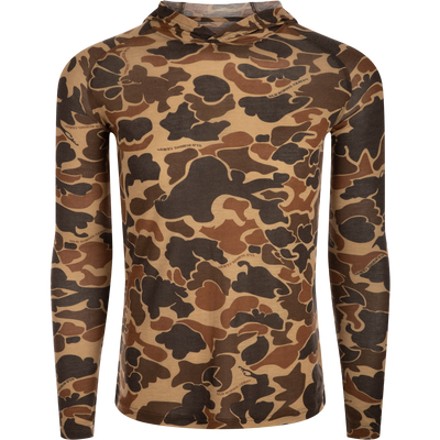 Hunter Creek Bamboo Long Sleeve Hoodie with raglan sleeves, featuring a brown/tan/olive camouflage pattern and Old School Camo text, ideal for year-round comfort.