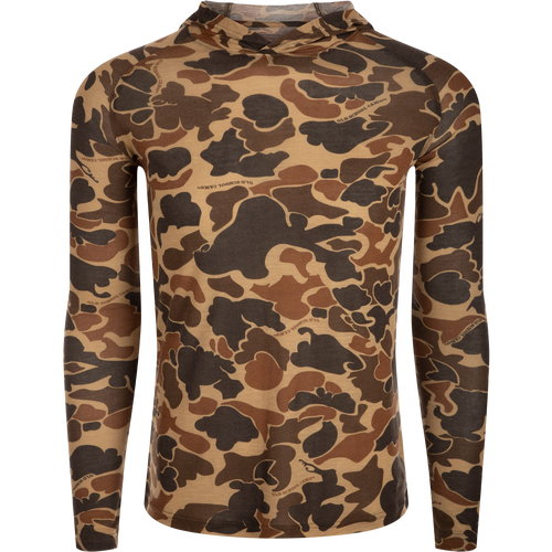 Hunter Creek Bamboo Long Sleeve Hoodie with raglan sleeves, featuring a brown/tan/olive camouflage pattern and Old School Camo text, ideal for year-round comfort.