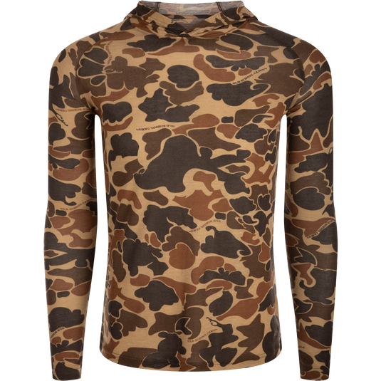 Hunter Creek Bamboo Long Sleeve Hoodie with raglan sleeves, featuring a brown/tan/olive camouflage pattern and Old School Camo text, ideal for year-round comfort.