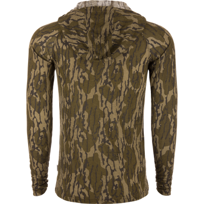 Hunter Creek Bamboo Long Sleeve Hoodie in camouflage pattern, displayed from the back on a mannequin, showcasing its lightweight, breathable design ideal for versatile outdoor activities.