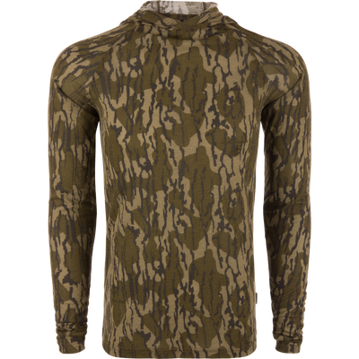 Hunter Creek Bamboo Long Sleeve Hoodie on mannequin, showcasing form-fitting design with woodland camo print, emphasizing lightweight, breathable fabric, and built-in hood for sun protection.