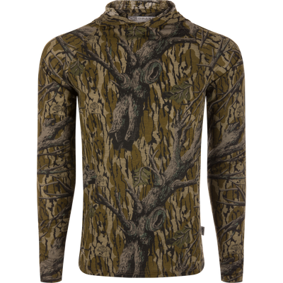 Hunter Creek Bamboo Long Sleeve Hoodie with tree-bark camo pattern, featuring a soft bamboo-poly blend, UPF 20 protection, and lightweight stretch fabric, laid flat.