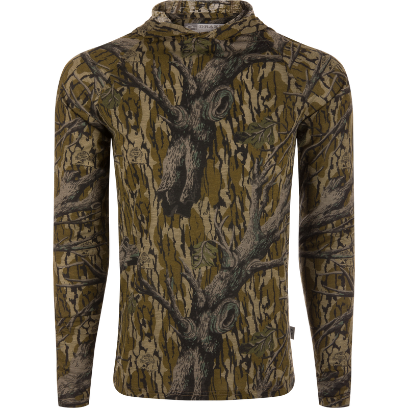 Hunter Creek Bamboo Long Sleeve Hoodie with tree-bark camo pattern, featuring a soft bamboo-poly blend, UPF 20 protection, and lightweight stretch fabric, laid flat.