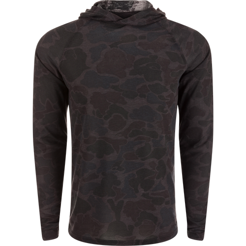 Hunter Creek Bamboo Long Sleeve Hoodie in dark camo print, lightweight, soft, with UPF 20 sun protection and quick-drying features, laid flat on white background.