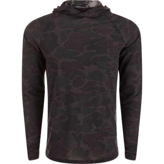 Hunter Creek Bamboo Long Sleeve Hoodie in dark camo print, lightweight, soft, with UPF 20 sun protection and quick-drying features, laid flat on white background.