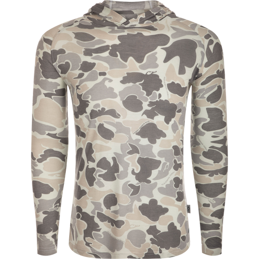 Hunter Creek Bamboo Long Sleeve Hoodie in muted camo pattern, lightweight with built-in stretch. Features quick-drying fabric, UPF 20, and odor resistance for versatile wear.
