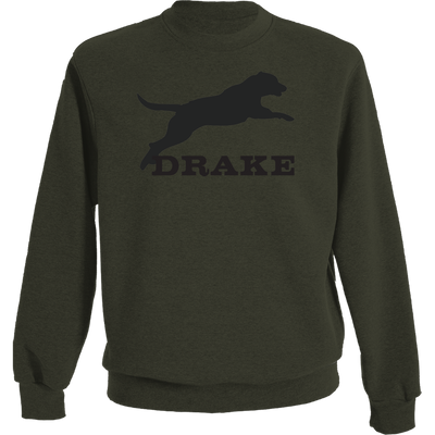 Leaping Lab Crew Graphic Sweatshirt featuring a Drake logo with a leaping black lab, crafted from a soft 60% cotton/40% polyester blend.