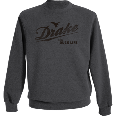 The Drake Life Graphic Crew Sweatshirt features a Drake Duck Life graphic, offering midweight comfort with a cotton-polyester blend.
